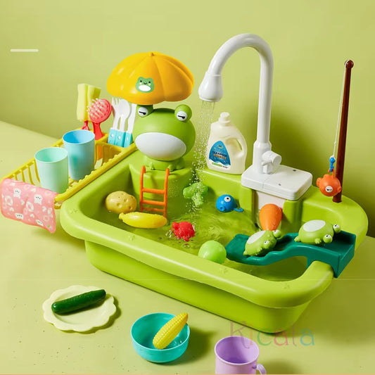 Children's toy kitchen set with a green sink, faucet, and various accessories on a green background.