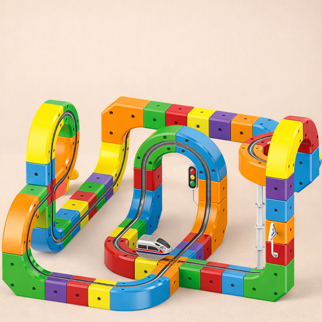 Colorful toy track set with a car on a beige background