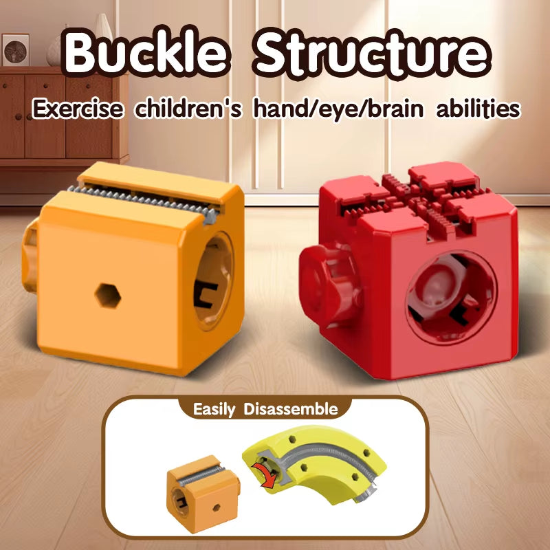 Two building blocks, one orange and one red, with text highlighting their educational benefits on a wooden floor.