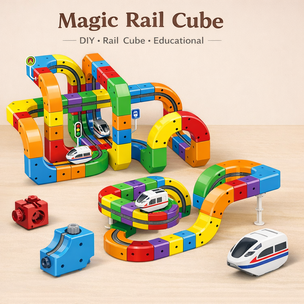Colorful Magic Rail Cube toy set with tracks and cars on a beige background