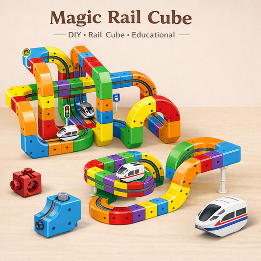 Colorful Magic Rail Cube toy set with tracks and cars on a beige background